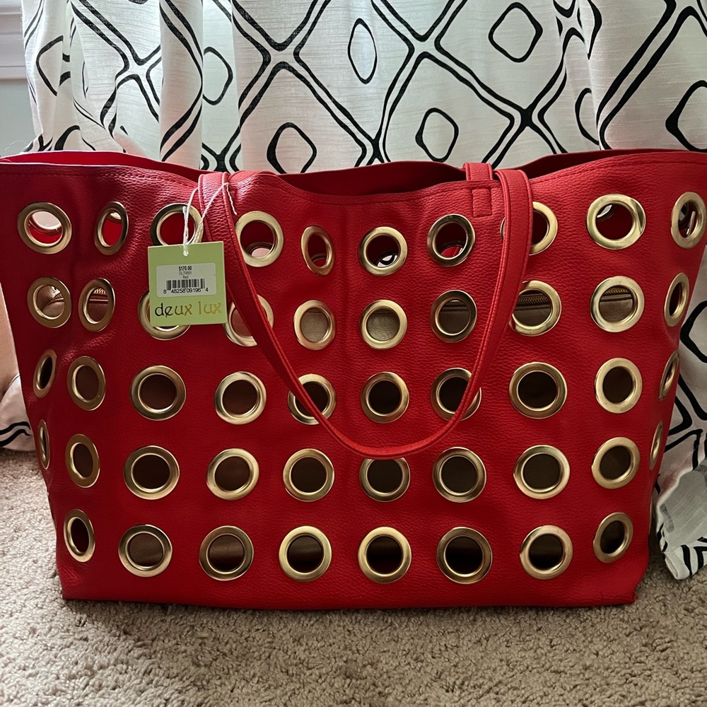 NEW💕 Deux Lux Orange with Gold Grommets Leather Tote Reg $170